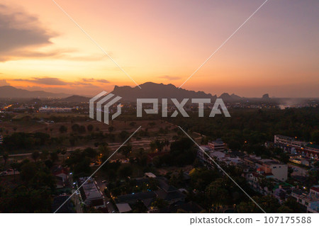 Aerial top view of lush green trees from above in tropical forest in national park in summer season. Natural landscape. Pattern texture background. 107175588