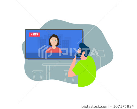 Lonely bearded man with glasses thoughtfully watches breaking live tv news. Kitchen interior. Spending time, rest, recreation with live news watching. Vector illustration isolated on white background Lonely bearded man with glasses thoughtfully watches breaking live tv news. Kitchen interior. Spending time, rest, recreation with live news watching. Vector illustration isolated on white background 107175954