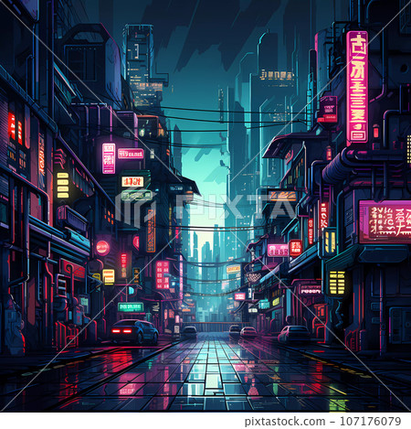 Cyberpunk Retro Futuristic City with Neon Lights 107176079