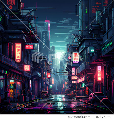 Cyberpunk Retro Futuristic City with Neon Lights Cyberpunk Retro Futuristic City with Neon Lights 107176080