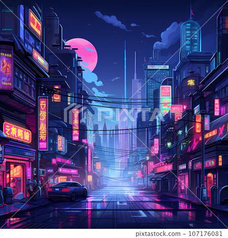 Cyberpunk Retro Futuristic City with Neon Lights 107176081