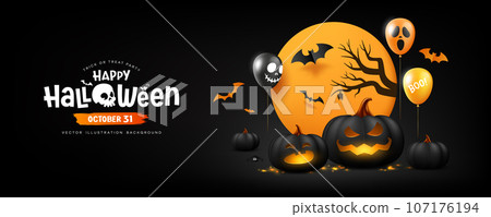 Happy Halloween party black pumpkins balloon on moon night banner design on black background Happy Halloween party black pumpkins balloon on moon night banner design on black background 107176194