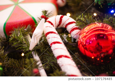 various Christmas decorations on the tree, decorations various Christmas decorations on the tree, decorations 107176485
