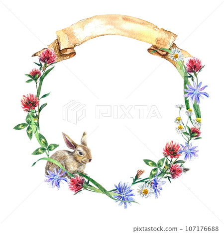 Wreath of wildflowers chamomile, clover, chicory and rabbit. Watercolor illustration isolated on white background. Greeting cards, invitations, flyers 107176688