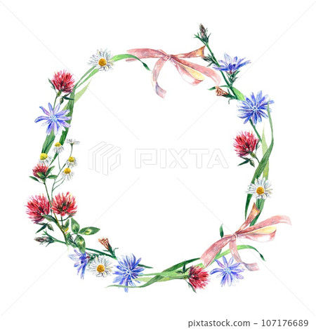 Wreath of wildflowers chamomile, clover, chicory and pink bow. Watercolor illustration isolated on white background. Greeting cards, invitations. 107176689