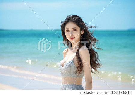 一個微笑的女人享受海灘（泳裝、比基尼） 107176815