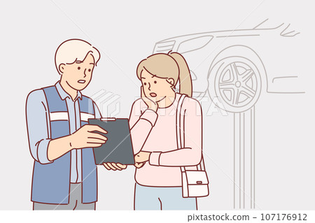 Auto mechanic showing repair cost to shocked woman client while standing in garage with car 107176912