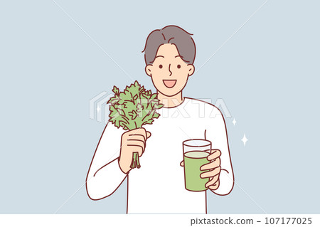 Man drinks celery smoothie following healthy diet to get rid of toxins and excess weight 107177025