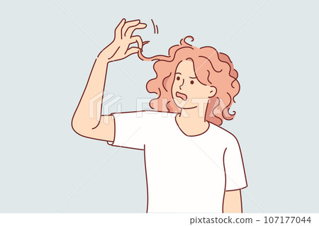 Woman is experiencing hair problems and needs help of stylist or purchase of quality shampoo Woman is experiencing hair problems and needs help of stylist or purchase of quality shampoo 107177044