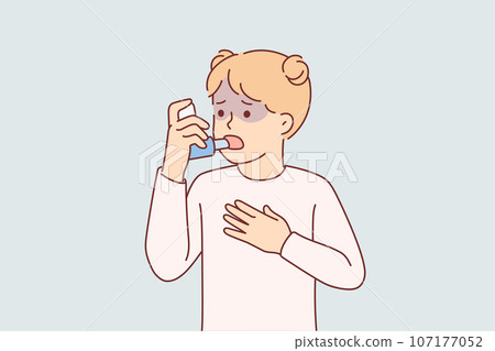 Little girl suffers from asthma and uses inhaler to help get rid of allergic attack Little girl suffers from asthma and uses inhaler to help get rid of allergic attack 107177052