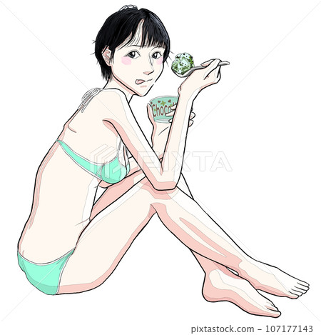 Girl sitting on the floor and eating ice cream 25 Girl sitting on the floor and eating ice cream 25 107177143