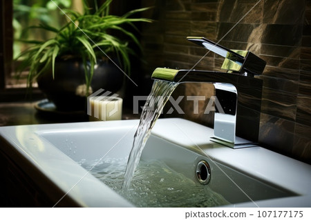 water flowing from faucet in bathroom hotel interior. Spa and washing and hygiene concept. 107177175