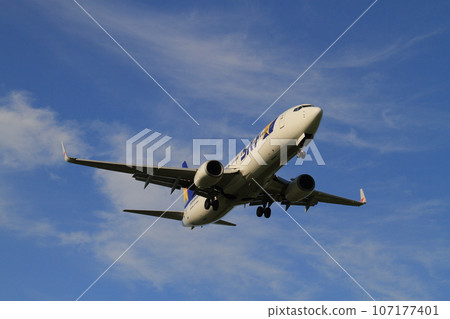 New Chitose Airport in summer_B737 landing plane New Chitose Airport in summer_B737 landing plane 107177401