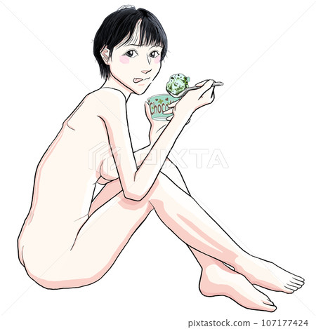 Girl 30 sitting on the floor and eating ice cream Girl 30 sitting on the floor and eating ice cream 107177424