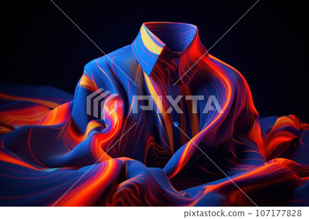 blue and red shirt render simulation with neon motion blur. Future trends in fashion concept. Dry cleaning, clothing alteration service, atelier, sewing website banner. 107177828