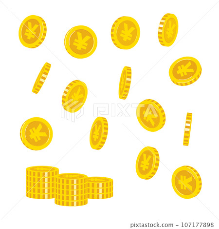 Illustration set of coins stacked at various angles and coins Illustration set of coins stacked at various angles and coins 107177898