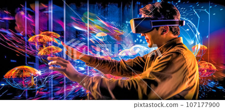 the abstract world of virtual reality in vr glasses and headset, banner, colorful jellyfish in the ocean the abstract world of virtual reality in vr glasses and headset, banner, colorful jellyfish in the ocean 107177900
