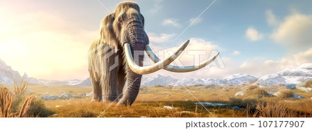 mammoth with long tusks in the ice age, banner mammoth with long tusks in the ice age, banner 107177907