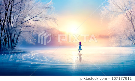 a girl in a dress skates on the ice of a winter frozen lake a girl in a dress skates on the ice of a winter frozen lake 107177911