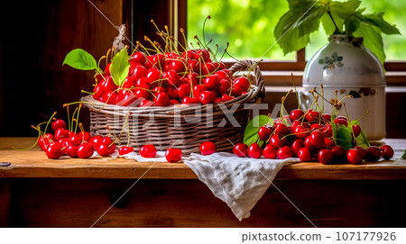 red fresh cherries in a basket on a wooden table in the kitchen 107177926