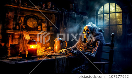 the skeleton of a dead man, a zombie sitting at a table in a haunted room the skeleton of a dead man, a zombie sitting at a table in a haunted room 107177932