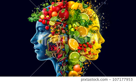 people and healthy food, fruits, vegetables and herbs as the basis of a balanced diet for a happy life without disease 107177953