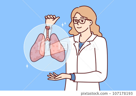 Woman doctor with smile demonstrates lungs of person offering to undergo medical examination of body 107178193