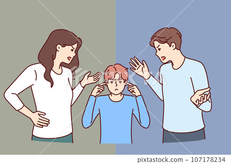 Kid stands between screaming parents scolding son for pranks or poor school performance. 107178234
