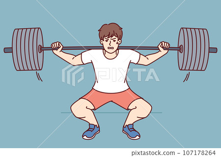 Man squats with barbell on shoulders, doing weightlifting in gym and trying to set new sports record 107178264
