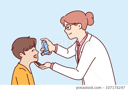 Woman doctor with inhaler helps boy cope with asthma attack or get rid of bronchial health problems 107178297