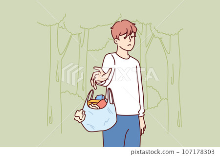 Man throws out bag of garbage in wrong place, polluting nature and showing lack of consciousness 107178303