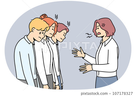 Furious businesswoman shout at stressed employees Furious businesswoman shout at stressed employees 107178327