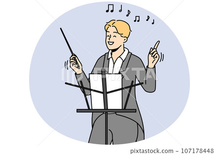 Smiling male conductor with baton on stage 107178448