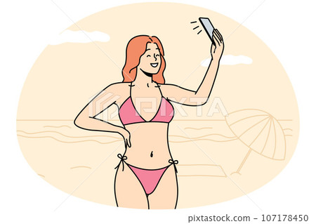 Sexy woman in bikini make selfie on beach Stock Illustration