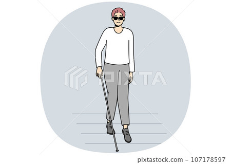 Blind man with stick crossing road Blind man with stick crossing road 107178597