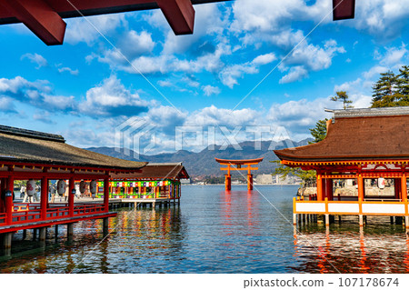 [World Heritage Site Itsukushima Shrine] [Aki Kuni Ichinomiya] Shrine and Otorii Gate 1 on a sunny New Year's morning Hatsukaichi City, Hiroshima Prefecture 107178674