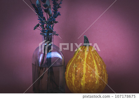 Stylish autumn still life with glass vase of wild dried flowers and orange pumpkin on purple background. Thanksgiving, Halloween day. Beautiful bouquet in fall season Autumnal wallpaper of farm market 107178675