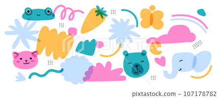 A set of trendy childrens items with animals. and natural objects. Bright colors with an overlay. Drawing with marker or riso print. Vector contemporary illustration 107178782