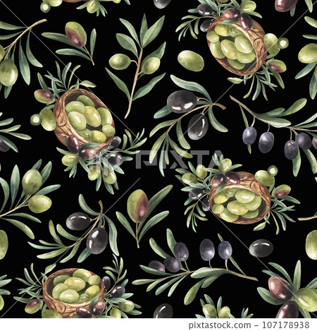 Seamless pattern with black and green olive...-插圖素材 [107178938] - PIXTA圖庫