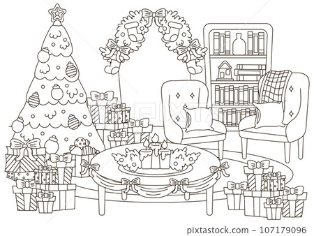 Christmas indoor interior of living room with christmas tree and library 107179096