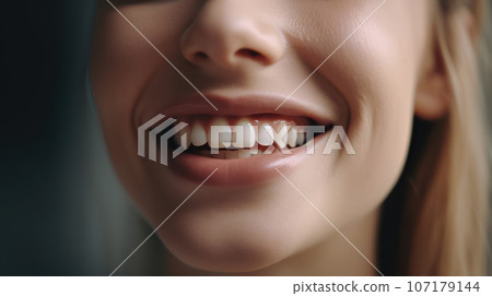 Snow-white smile, healthy teeth. Female smile after teeth whitening procedure. Portrait of young European smiling woman looking away against dark background. Problems of dentistry. Generated by AI 107179144