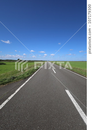 The northernmost part of Hokkaido, a straight road through a meadow overlooking Okhotsk, its name is Sarufutsu Village Road Esanuka Line, a touring tour that shines in the summer sky. 107179300