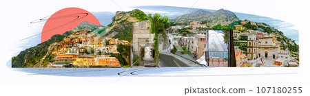 The collage of views of Positano at Italy along the stunning Amalfi Coast. The collage of views of Positano at Italy along the stunning Amalfi Coast. 107180255