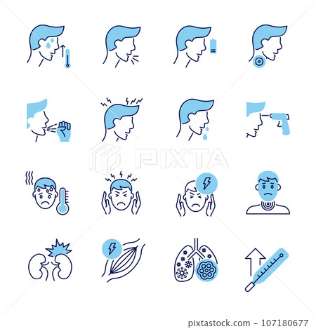Coronavirus symptoms related vector icons set 107180677
