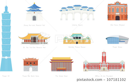台灣台北建築地標平面向量插圖,台北101,中正紀念堂,西門紅樓,國父紀念館,故宮,總統府,圓山飯店 107181102