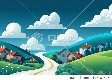 Houses and winding roads on green hills 107181303