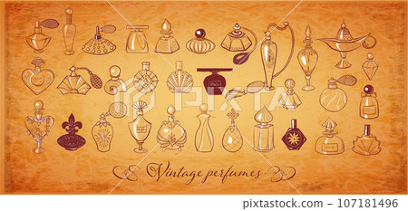 Collection of doodle vintage perfume bottles on vintage background Vector sketch illustration Collection of doodle vintage perfume bottles on vintage background Vector sketch illustration 107181496