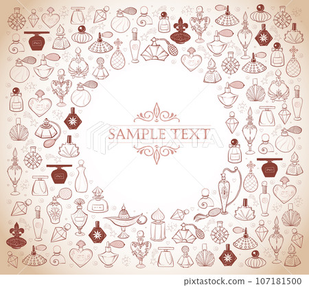 Design template with doodle perfume bottles and place for your text. Vector sketch illistration in vintage style. 107181500