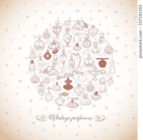 Doodle perfume bottles in circle. Vector sketch illustration in vintage style Doodle perfume bottles in circle. Vector sketch illustration in vintage style 107181502