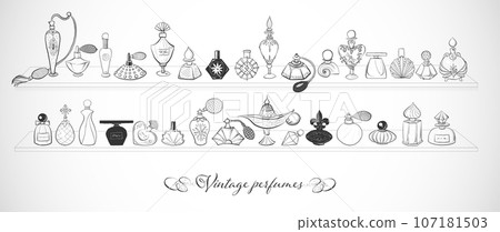 Collection of doodle perfume bottles on the shelf. Vector sketch illistration Collection of doodle perfume bottles on the shelf. Vector sketch illistration 107181503